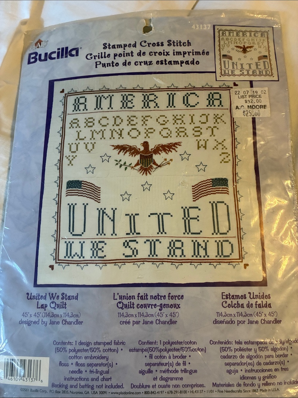 Bucilla Patriotic 'United We Stand' Cross Stitch Quilt Kit - Red, Blue, Brown